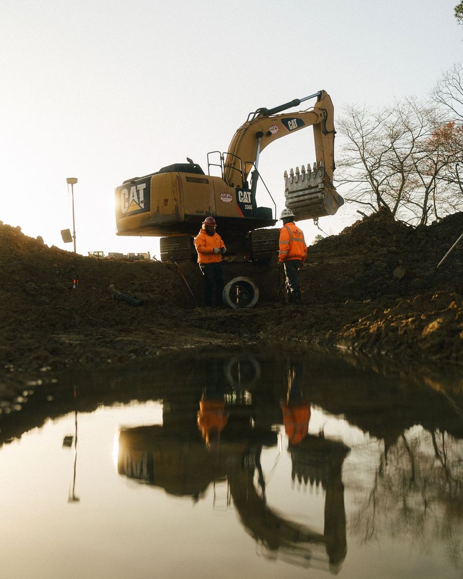 A dozer working at golden hour
